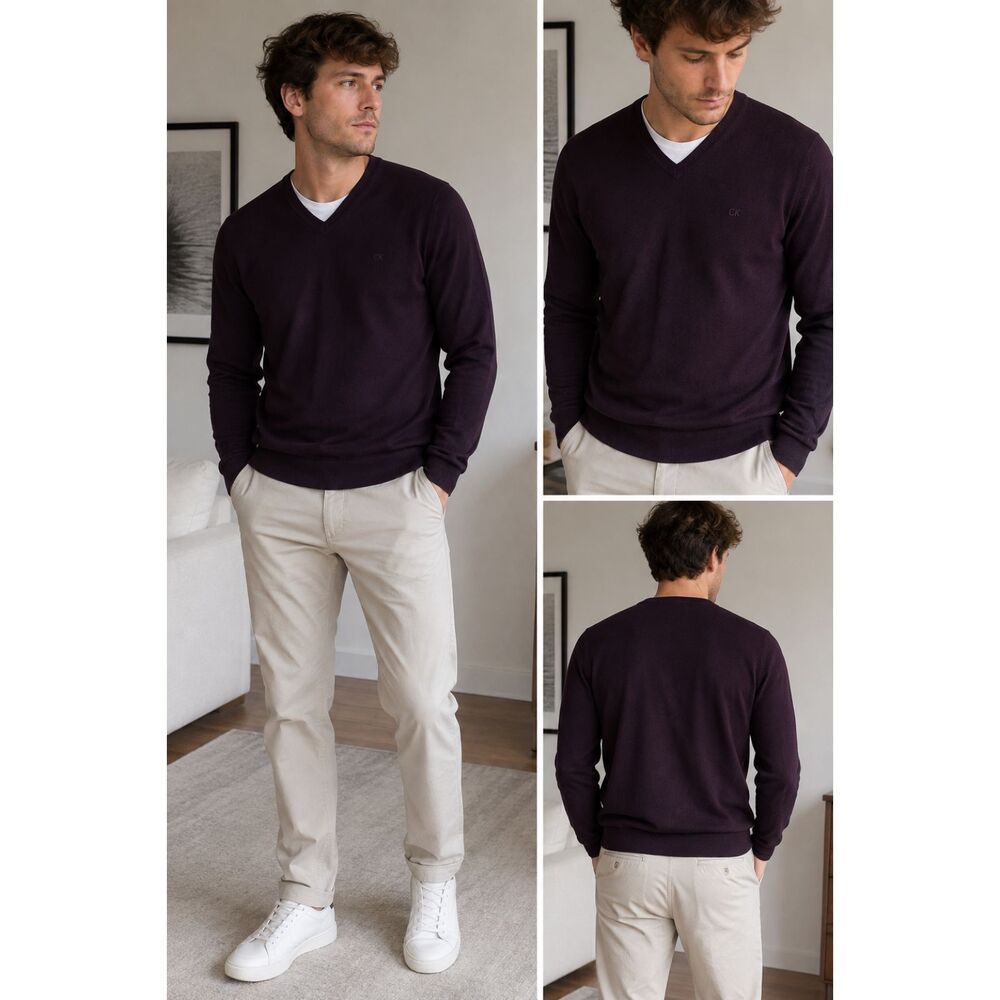 Calvin Klein Merino Wool V Neck Sweater Deep Purple Plum M Basic Luxury Knit